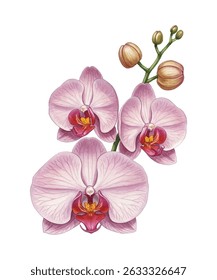 Elegant painting of pink orchids with lush green leaves, perfect for home decor, botanical art lovers, and serene interiors. Vibrant floral masterpiece adds a touch of natures beauty to any space.