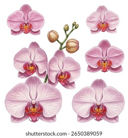 Elegant painting of pink orchids with lush green leaves, perfect for home decor, botanical art lovers, and serene interiors. Vibrant floral masterpiece adds a touch of natures beauty to any space.