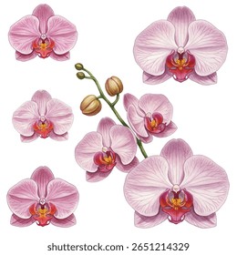 Elegant painting of pink orchids with lush green leaves, perfect for home decor, botanical art lovers, and serene interiors. Vibrant floral masterpiece adds a touch of natures beauty to any space.