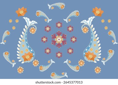 Elegant Paisley and Floral Pattern on Blue Background Featuring Orange, Yellow, and Red Flowers with Symmetrical Decorative Design for Fabric, Wallpaper, Textile Print, and Digital Art Projects
