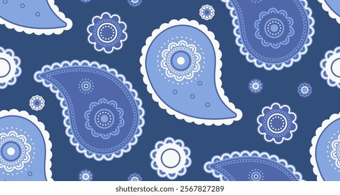 Elegant paisley pattern in calming blue hues. Perfect for textile design, wallpaper, or website backgrounds.  Features intricate detailing and a sophisticated aesthetic.