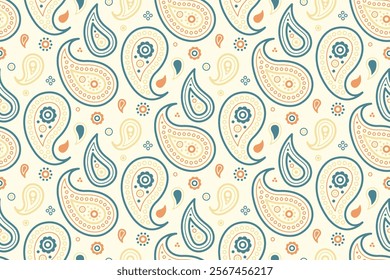 Elegant paisley pattern in muted teal, peach, and cream.  Perfect for textile design, website backgrounds, or stationery.  Stylish and sophisticated repeat design.