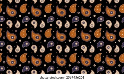 Elegant paisley pattern in orange, beige, and navy on a black background. Perfect for textile design, wallpaper, or fashion-related projects.