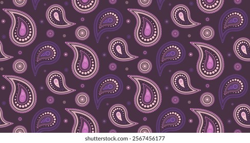 Elegant paisley pattern in shades of purple and pink.  Perfect for textiles, wallpaper, or website backgrounds.  A sophisticated and stylish design with intricate details.