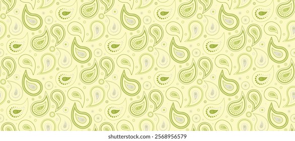 Elegant paisley pattern in soft green and beige tones.  Perfect for textile design, wallpaper, or website backgrounds.  Repeatable design offers versatility for various creative projects.