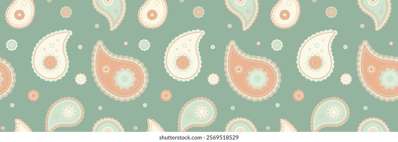 Elegant paisley pattern in soft pastel peach and mint green on a sage background.  Perfect for textile design, wallpaper, or any project needing a sophisticated, vintage feel.