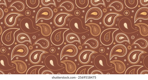 Elegant paisley pattern in warm brown and beige tones.  Perfect for textile design, wallpaper, or packaging.  A sophisticated and versatile design with intricate details.