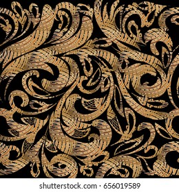 Elegant paisley seamless pattern. Black floral background wallpaper illustration with vintage hand drawn  line art tracery gold paisley  flowers and  swirl curve 3d ornament. Vector ornamental texture