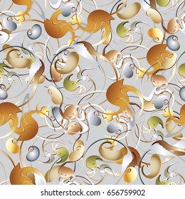 Elegant  paisley seamless pattern. Light  floral background wallpaper illustration with vintage gold silver 3d paisley  flowers and swirl curve line art abstract ornaments. Vector ornamental  texture