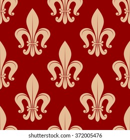 Elegant pale brown fleur-de-lis seamless pattern on red background. Royal french seamless floral ornament for fabric, scrapbook page backdrop or interior design