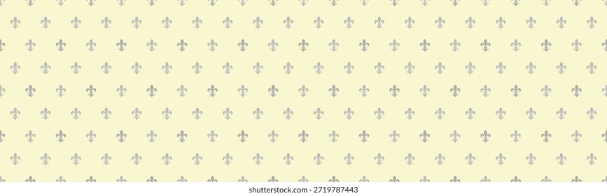 Eleganter hellgelber Hintergrund mit einem sich wiederholenden Muster aus zarten grauen Fleurdelis.  Perfekt für Websites, Schreibwaren, Textildesigns und Verpackungen.