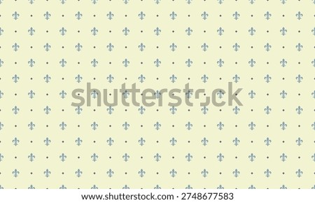 Elegant pale yellow background with repeating blue fleurdelis pattern. Perfect for vintage designs, websites, or as a subtle texture.
