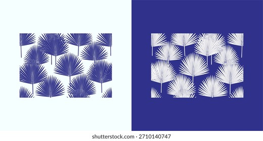 Patrones elegantes del ventilador de la palma en azul marino y blanco para la decoración artística