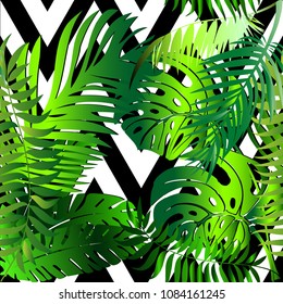 Elegant palm leaves decorative seamless pattern. Vector geometric black and white zigzag background. Abstract floral ornaments. Green tropical palm leaves and trees. Modern wallpaper. Fabric. Prints