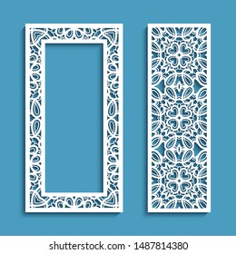 Elegant panels with lace pattern, stencil ornament and rectangle frame for laser cutting or wood carving, vector lacy decoration for wedding invitation card with place for text