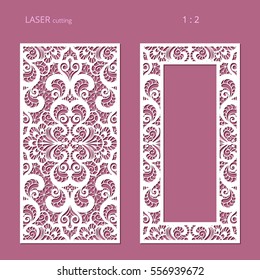 Elegant panels with lace pattern, swirly lattice ornament and rectangle frame for laser cutting or wood carving, cutout paperwork template, vector decoration for wedding invitation card, eps10