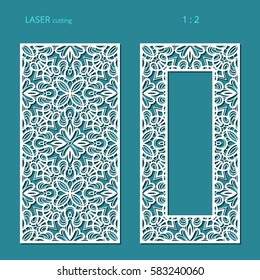 Elegant panels with lace pattern, swirly lattice ornament and rectangle frame for laser cutting or wood carving, cutout paper design, vector decoration for wedding invitation card, eps10