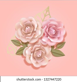 Elegant paper beige and peach pink roses with golden leaves in light pink luxury background, Paper flover composition  in 3d style realistic vector illustration. EPS 10