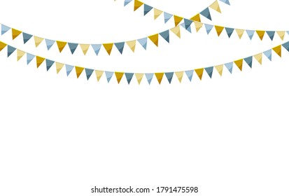 Elegant paper bunting party flags isolated on white background. Carnival garland with flags. Decorative colorful party pennants for birthday celebration, festival decor. Colorful bunting flags.