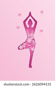 Ilustração de corte de papel artístico de uma mulher fazendo ioga em pose de árvore, preenchido com padrões florais rosa e cercado por borboletas. Ideal para temas de bem-estar, atenção plena e saúde feminina.
