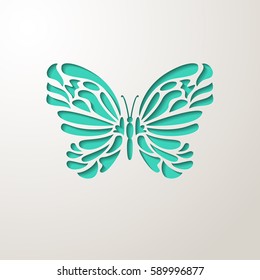 Elegant paper cut turquoise lacy butterfly. Laser cut wedding invitation or greeting card design template. Vector illustration. 