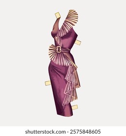 Elegant paper doll dress with ruffles and belt. Stylish paper doll dress in purple. Fashionable paper doll dress with intricate ruffles and belt detail. Vintage art drawing illustration vector.