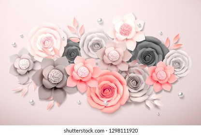 Elegant paper flowers boutique in grey and pink, 3d illustration