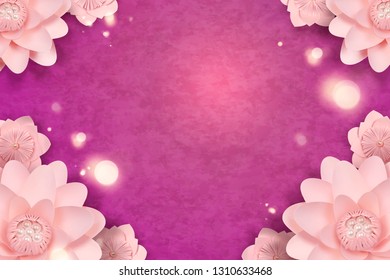 Elegant paper flowers frame on purple background