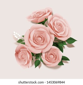 Elegant paper rose bouquet elements in 3d illustration
