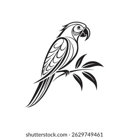 Elegant Parrot on Branch Black and White Line Art