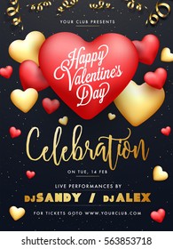 Elegant Party Celebration Flyer, Banner, Pamphlet or Invitation with glossy Hearts for Happy Valentine's Day.