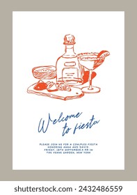 Elegant party invitation template. Matisse style food and beverage illustrations.