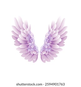 Elegant pastel angel wings illustration with soft feathers. Beautiful purple and pink gradient fantasy wings