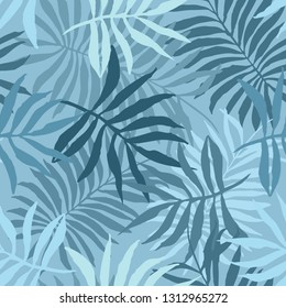 Elegant pastel blue seamless pattern with overlap mess of fern tropical leaves. Trendy exotic plants texture for textile, wrapping paper, surface, wallpaper, background