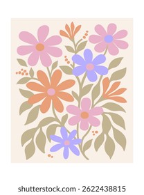 Elegant pastel bouquet in flat mid-century modern vector style. Soft colors and minimalist floral elements evoke vintage calm. Great for wall art, packaging, or digital designs.