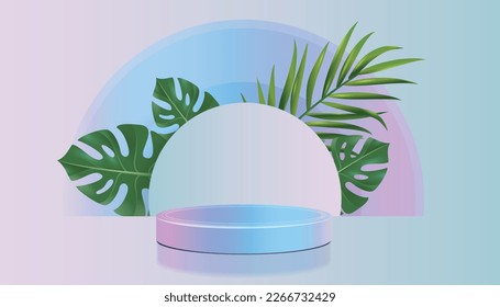 elegant pastel color beautiful background, Product display podium decorated with tropical palm leaves on pink, blue gradient background. Vector illustration 3D effect
