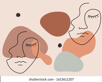 Elegant pastel illustration with linear shapes of a female face. Vector
