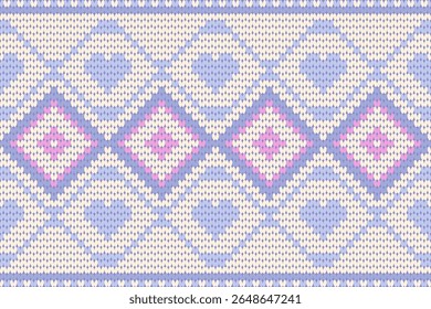 Elegant pastel knitted pattern with diamond and heart motifs in lavender, cream, and pink. Perfect for cozy textiles, baby products, romantic designs, Scandinavian crafts, and winter-themed projects.