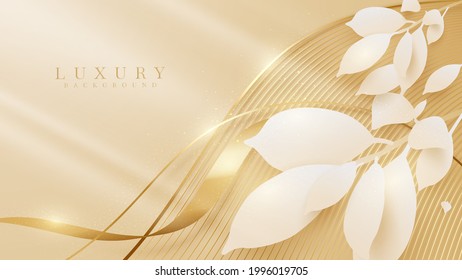 Elegant pastel light brown abstract background combined with golden lines curves and leaves 3d paper cut style elements. Modern design template vector illustration.