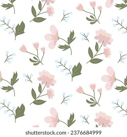 Elegant pastel pink flowers with stamens, green leaves and blue twigs. Vector spring summer pattern. For fabrics, covers, prints, banners.	