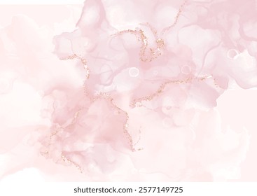 Elegant pastel pink hand painted alcohol ink background design with gold glitter elements