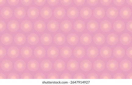 Elegant pastel pink seamless pattern featuring delicate, sunburstlike motifs.  Perfect for feminine designs, backgrounds, or textile prints.  Conveys feelings of warmth, optimism, and gentle energy.