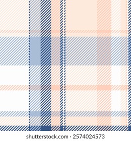 Elegant pastel plaid pattern in soft peach, blue, and white. Ideal for textile design, fashion, or website backgrounds.  Subtle diagonal stripes create a stylish and versatile texture.
