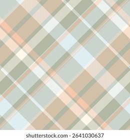 Elegant pastel plaid pattern in soft peach, sage green, and pale blue hues.  Perfect for textile design, website backgrounds, or crafting projects.
