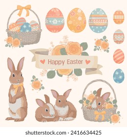 Elegant pastel style Easter clip art contains bunny, colored eggs, with basket, label