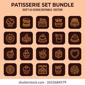 Elegante patisserie ícone compilação mostrando uma deliciosa matriz de elementos de interface de usuário macia para design de padaria