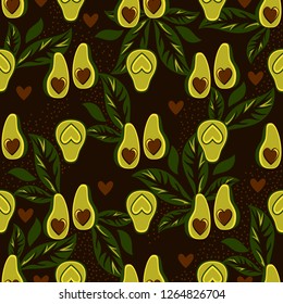 Elegant pattern with avocado, heart and leaves. Background with fruits. 