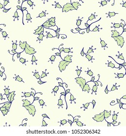 Elegant pattern with bell flower plant ornament in cold colors.