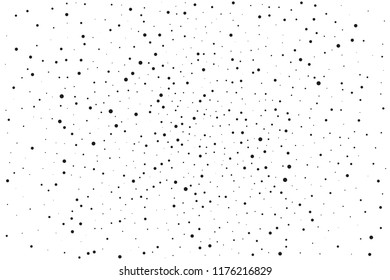 Elegant pattern with black polka dots of small and large scale. Splatter background. Black glitter blow explosion and splats on white. Grunge texture. Vector illustration