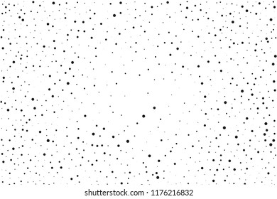 Elegant pattern with black polka dots of small and large scale. Splatter background. Black glitter blow explosion and splats on white. Grunge texture. Vector illustration 